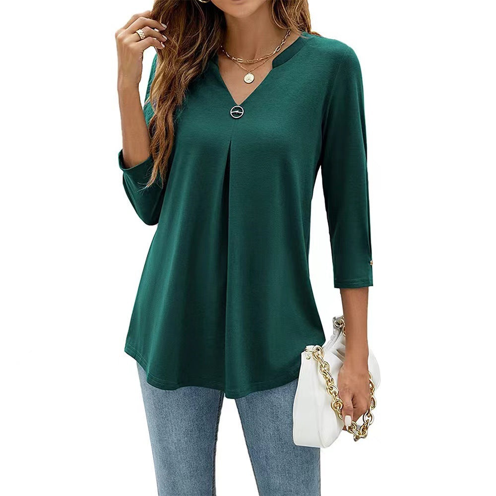 Popular Three-Quarter Sleeve Solid Color V-Neck Button-Up T-Shirt
