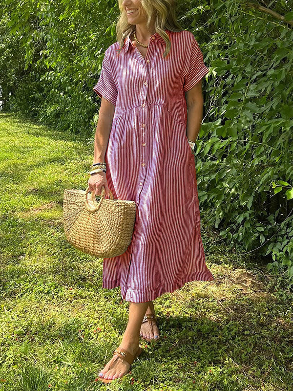 Women’s Collared Button Front Short Sleeve Pocket Loose Midi Shirt Dress