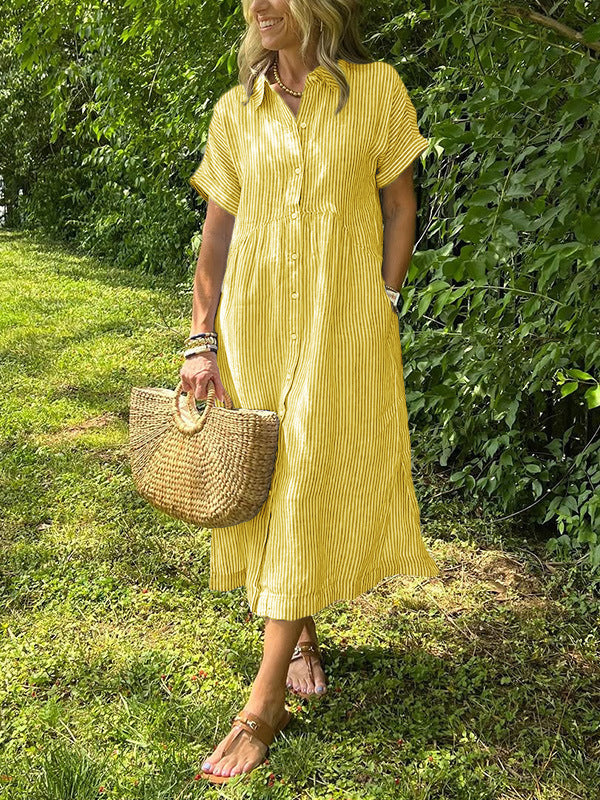 Women’s Collared Button Front Short Sleeve Pocket Loose Midi Shirt Dress