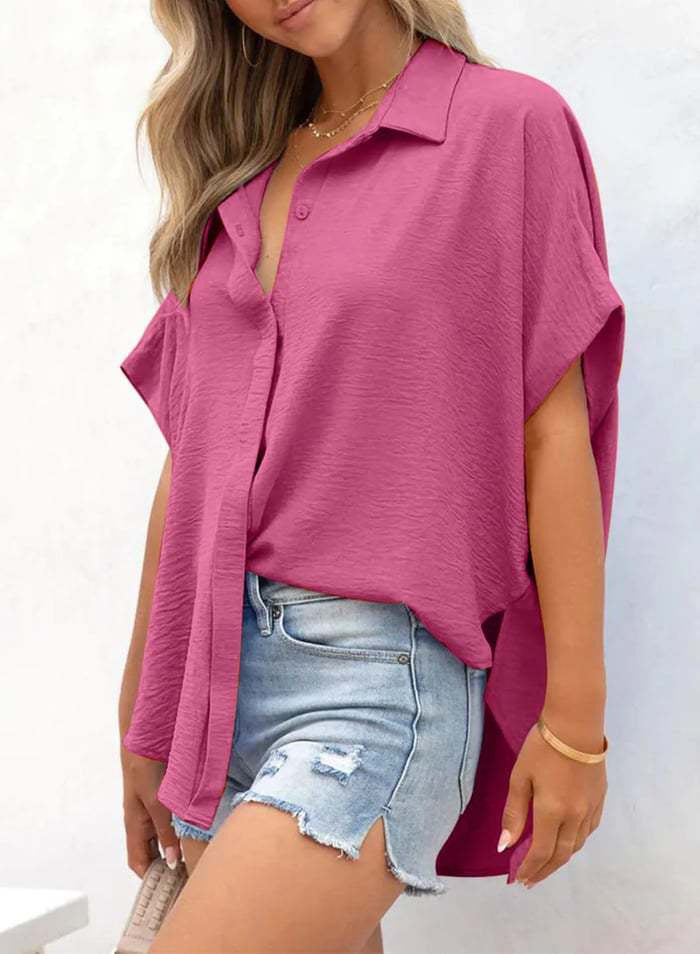Women’s Oversized Batwing Sleeve Button-Down Shirt with High-Low Hem