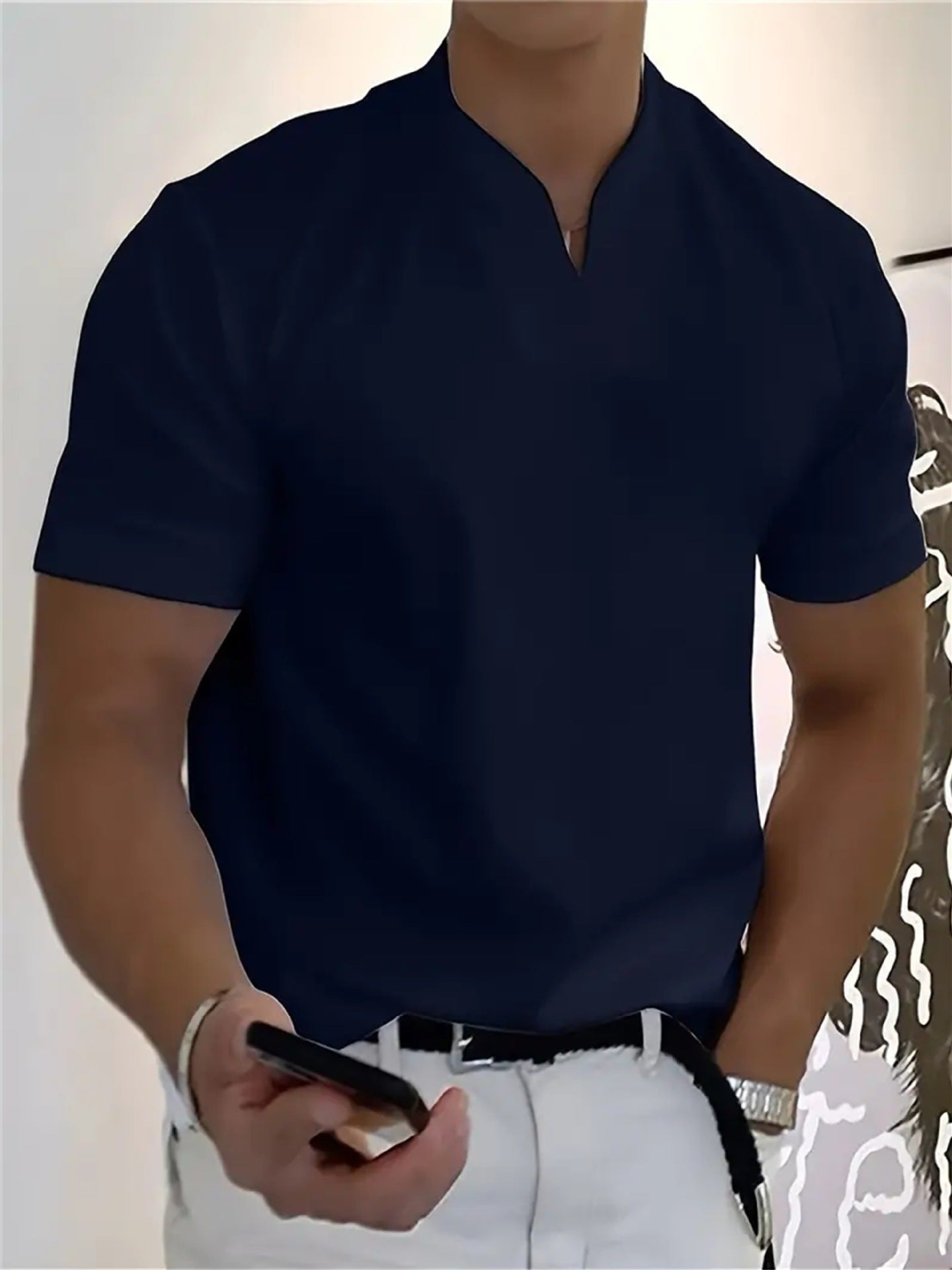 Men’s Notch Collar V-Neck Short Sleeve Slim-Fit Casual Shirt