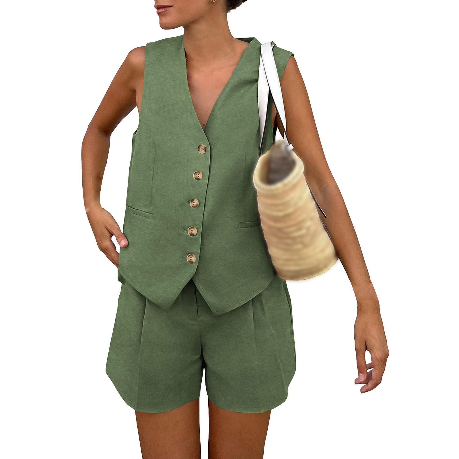New V-neck single-breasted sleeveless vest and shorts set