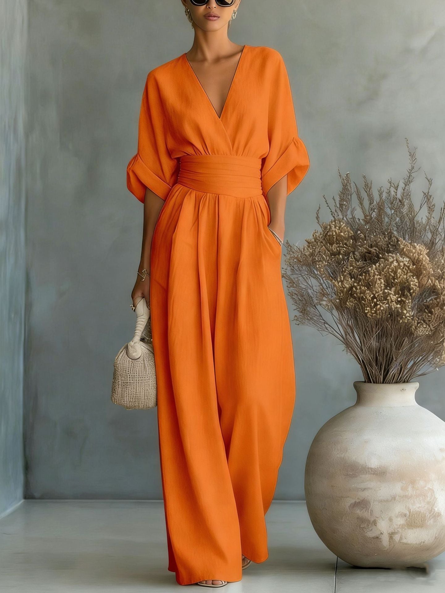 Women's V-Neck Wrap Waist Linen Jumpsuit - Cuffed Sleeve Wide-Leg Romper
