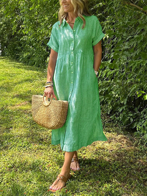 Women’s Collared Button Front Short Sleeve Pocket Loose Midi Shirt Dress