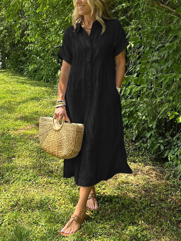 Women’s Collared Button Front Short Sleeve Pocket Loose Midi Shirt Dress
