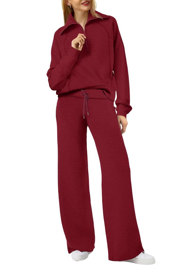 Women’s Half-Zip Long Sleeve Top & Wide Leg Pants Loungewear 2-Piece Set