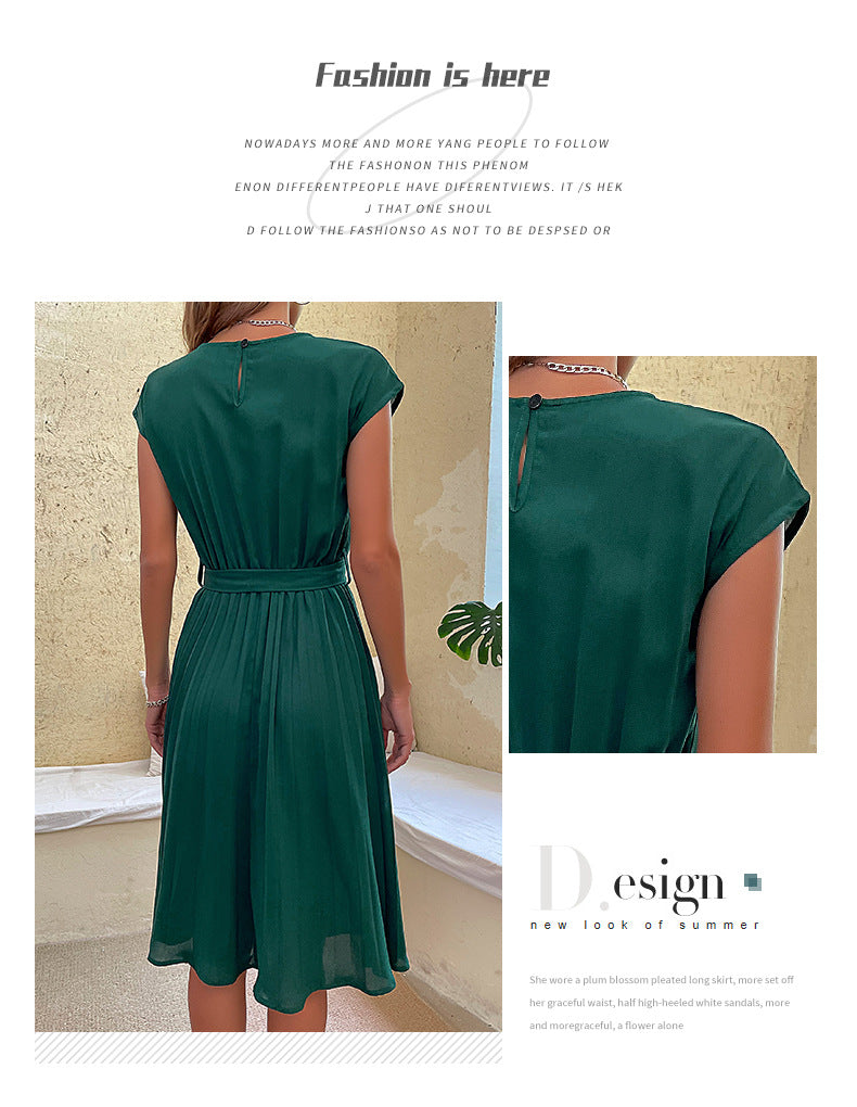 Women's Pleated Belted Midi Dress - Round Neck Cap Sleeve Casual Dress