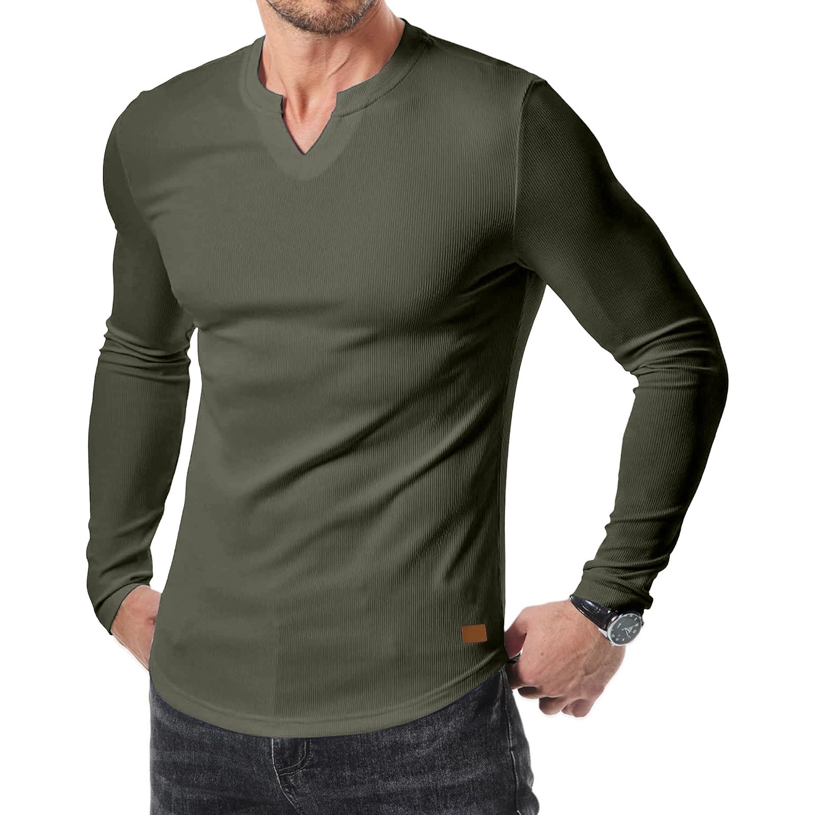 Men’s Henley Notch Neck Ribbed Long Sleeve Slim Fit T-Shirt