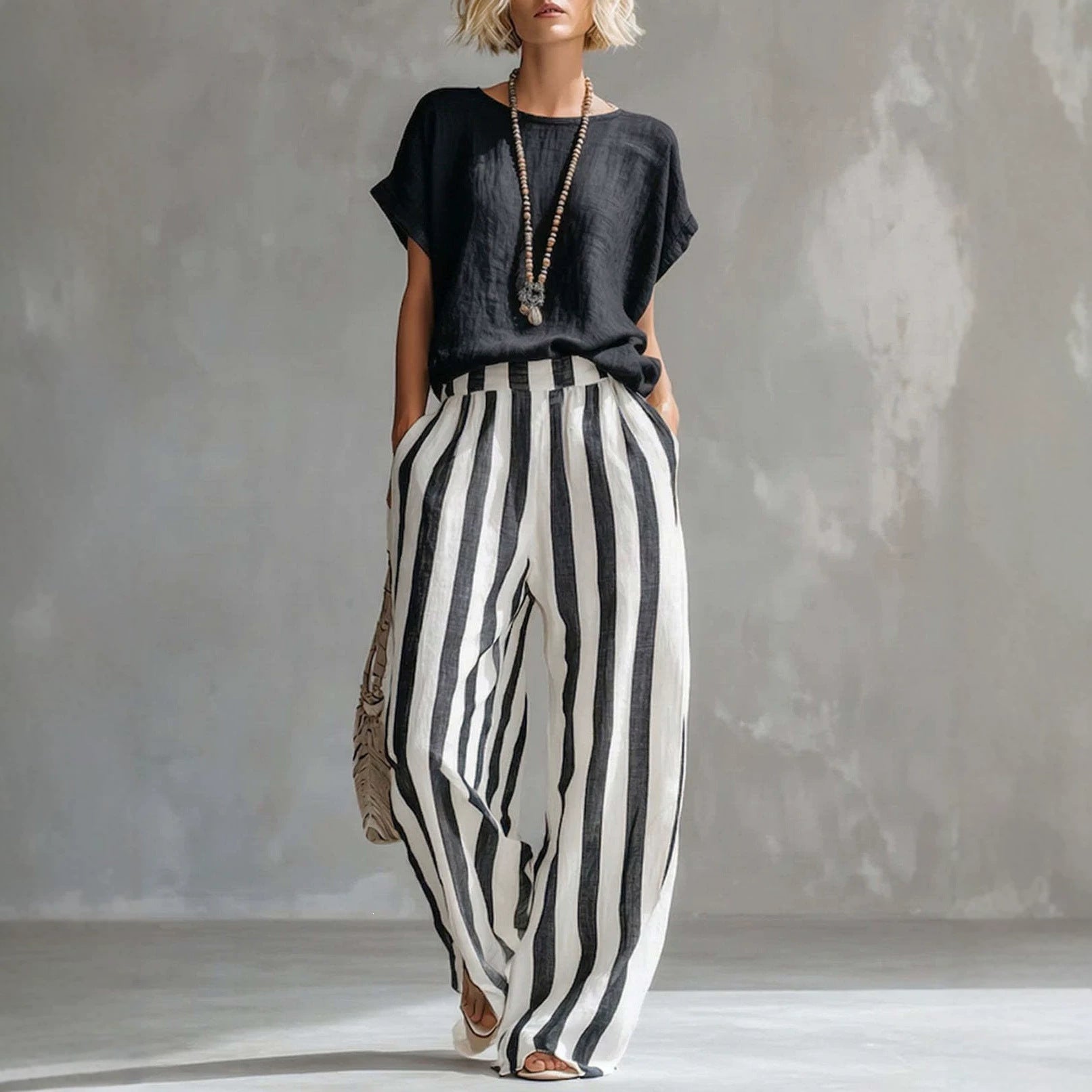 Women’s Solid Short Sleeve Top & Vertical Stripe Wide Leg Pants Casual 2-Piece Set