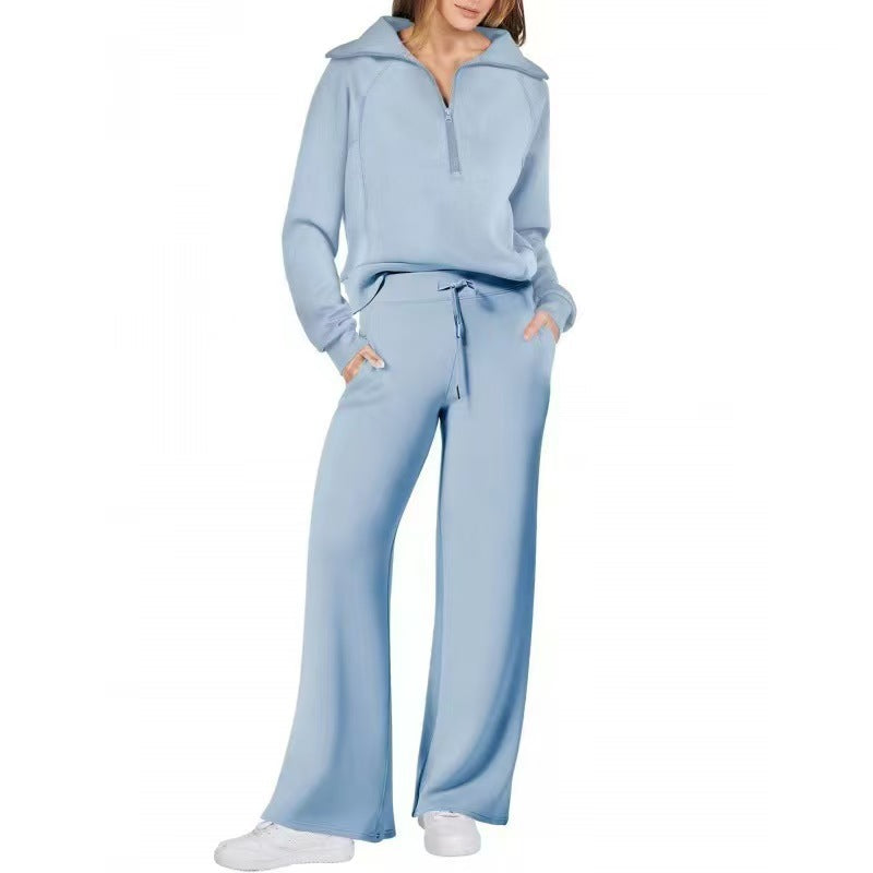 Women’s Half-Zip Long Sleeve Top & Wide Leg Pants Loungewear 2-Piece Set