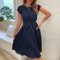 Women's Pleated Belted Midi Dress - Round Neck Cap Sleeve Casual Dress