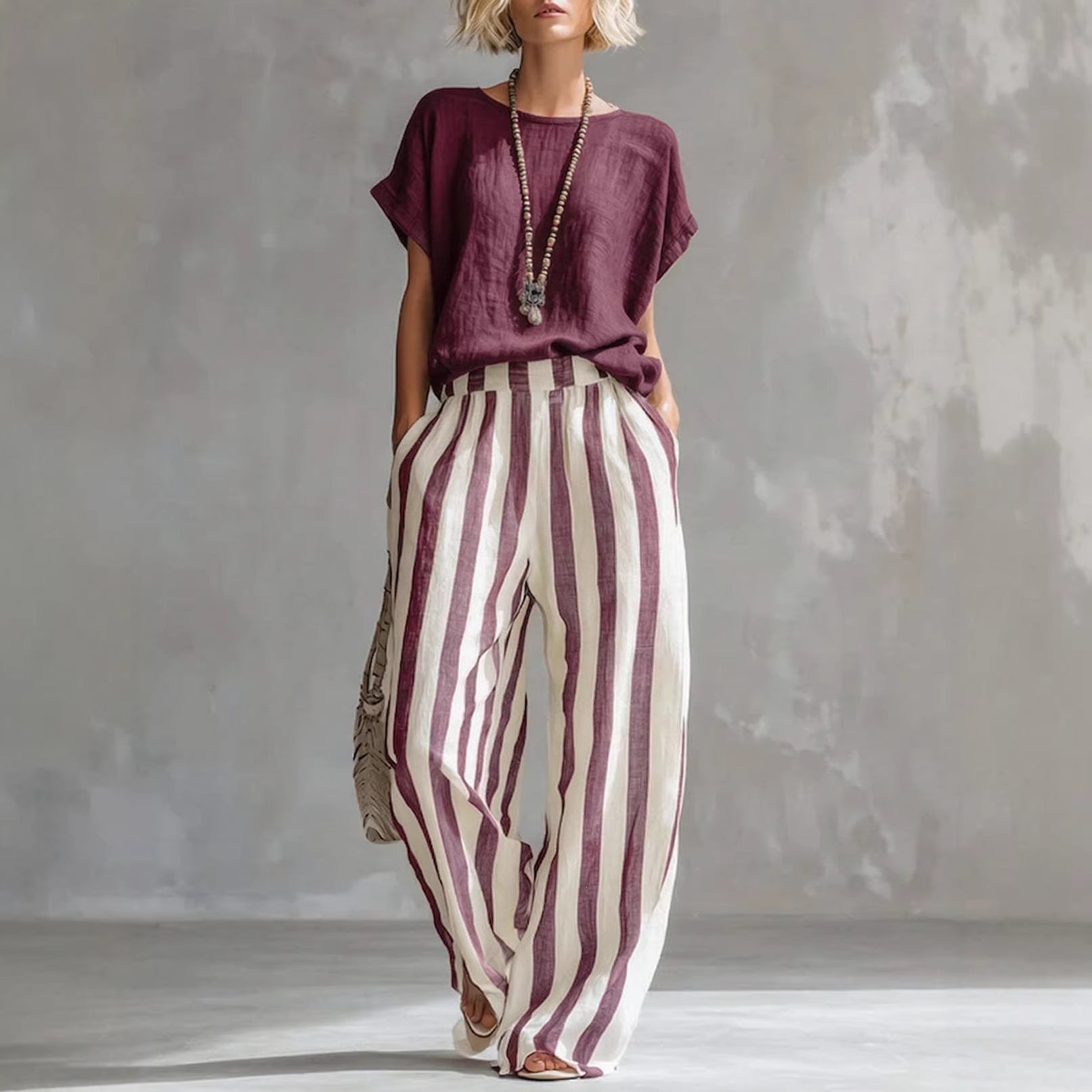 Women’s Solid Short Sleeve Top & Vertical Stripe Wide Leg Pants Casual 2-Piece Set