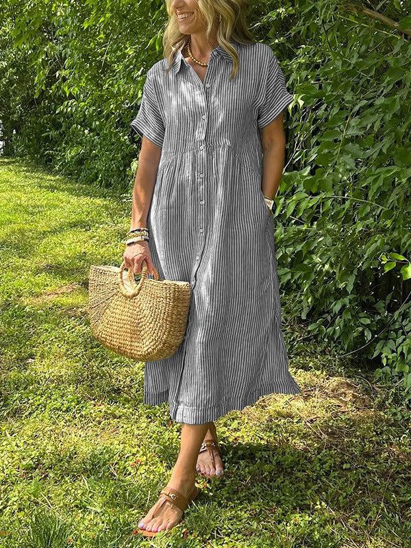 Women’s Collared Button Front Short Sleeve Pocket Loose Midi Shirt Dress