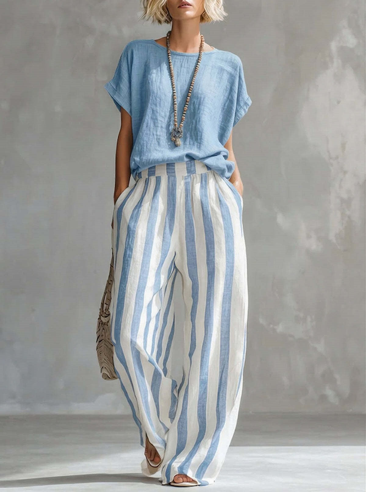 Women’s Solid Short Sleeve Top & Vertical Stripe Wide Leg Pants Casual 2-Piece Set