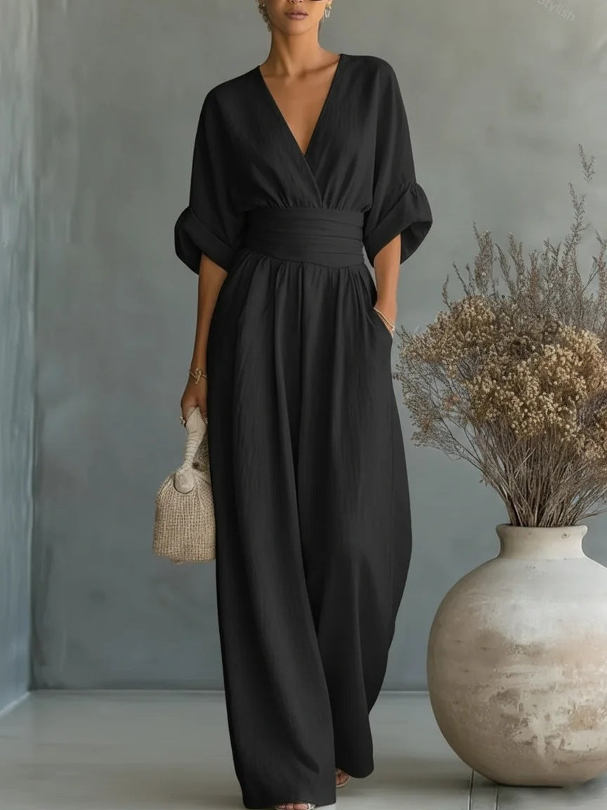 Women's V-Neck Wrap Waist Linen Jumpsuit - Cuffed Sleeve Wide-Leg Romper