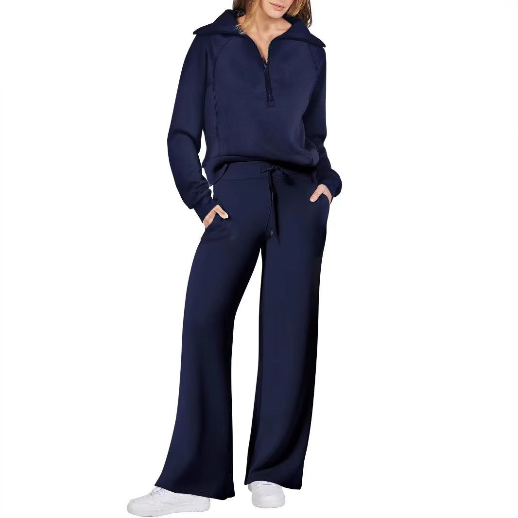Women’s Half-Zip Long Sleeve Top & Wide Leg Pants Loungewear 2-Piece Set