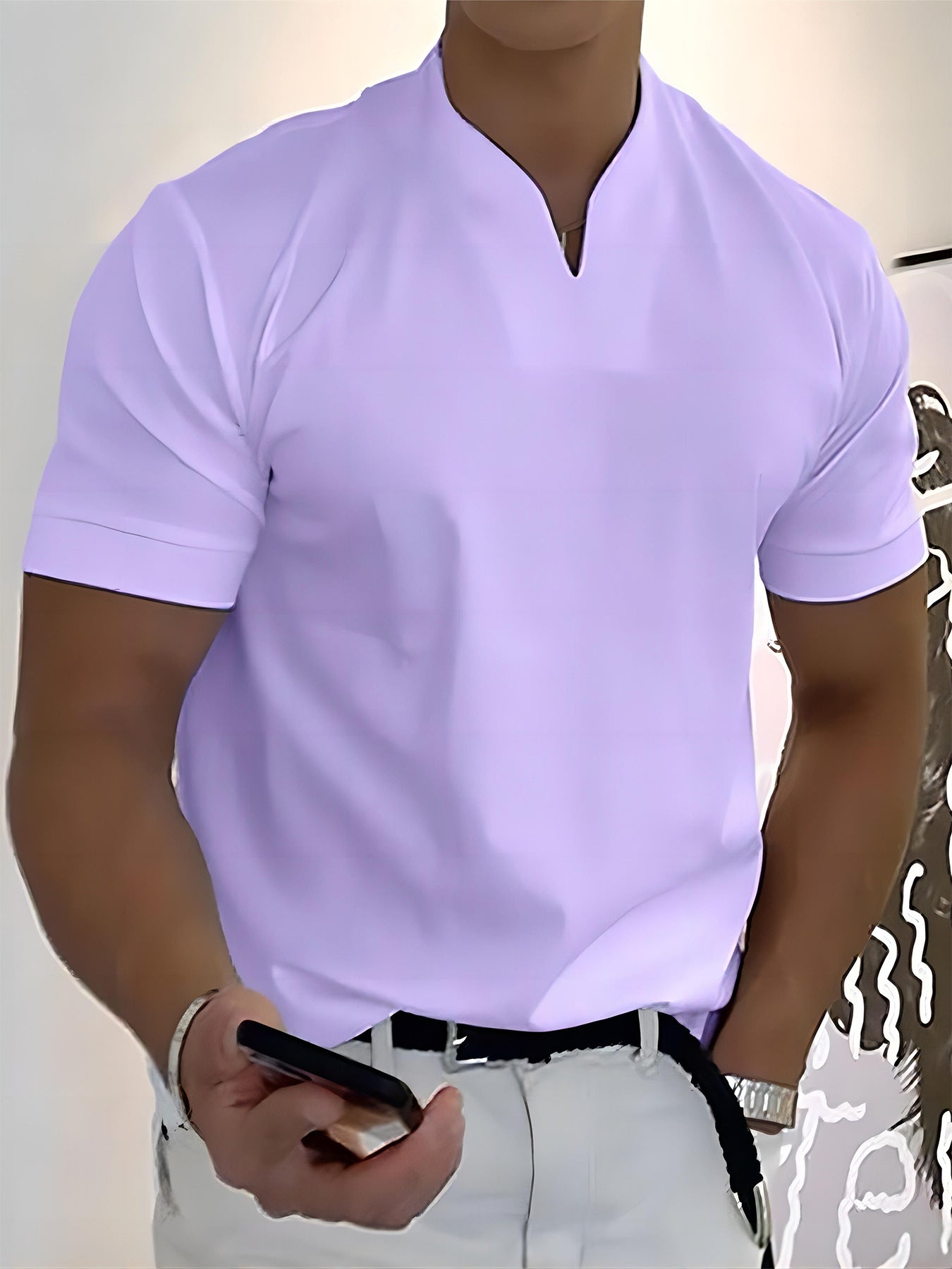 Men’s Notch Collar V-Neck Short Sleeve Slim-Fit Casual Shirt