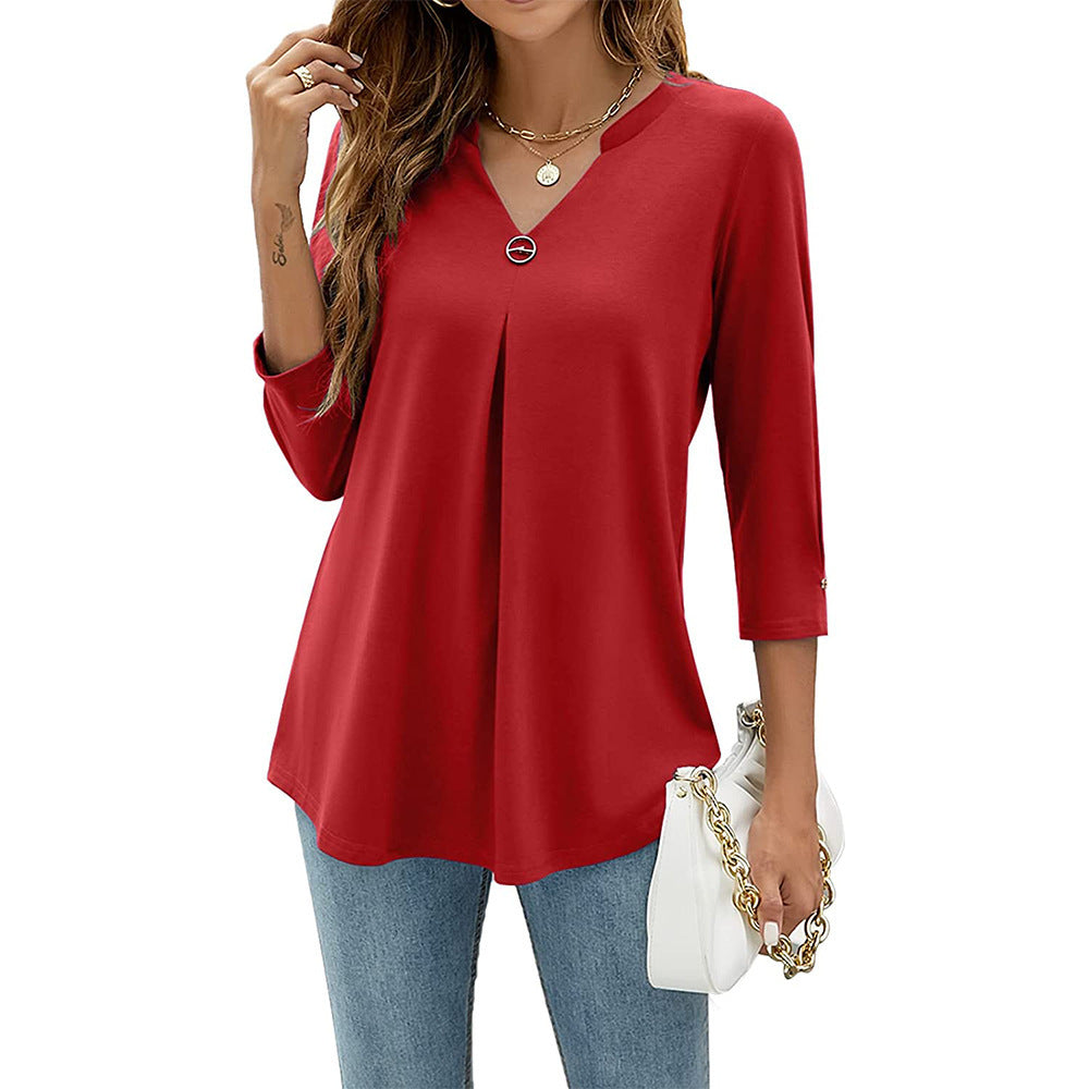 Popular Three-Quarter Sleeve Solid Color V-Neck Button-Up T-Shirt