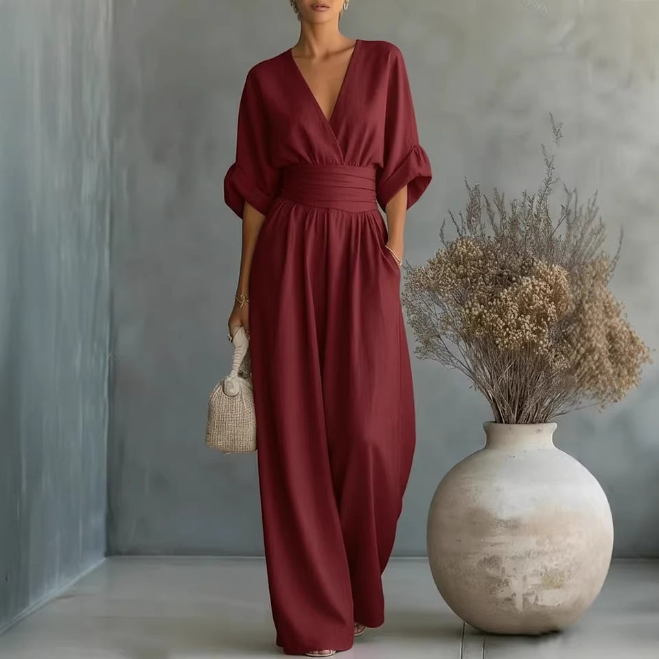 Women's V-Neck Wrap Waist Linen Jumpsuit - Cuffed Sleeve Wide-Leg Romper