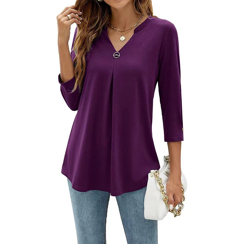 Popular Three-Quarter Sleeve Solid Color V-Neck Button-Up T-Shirt