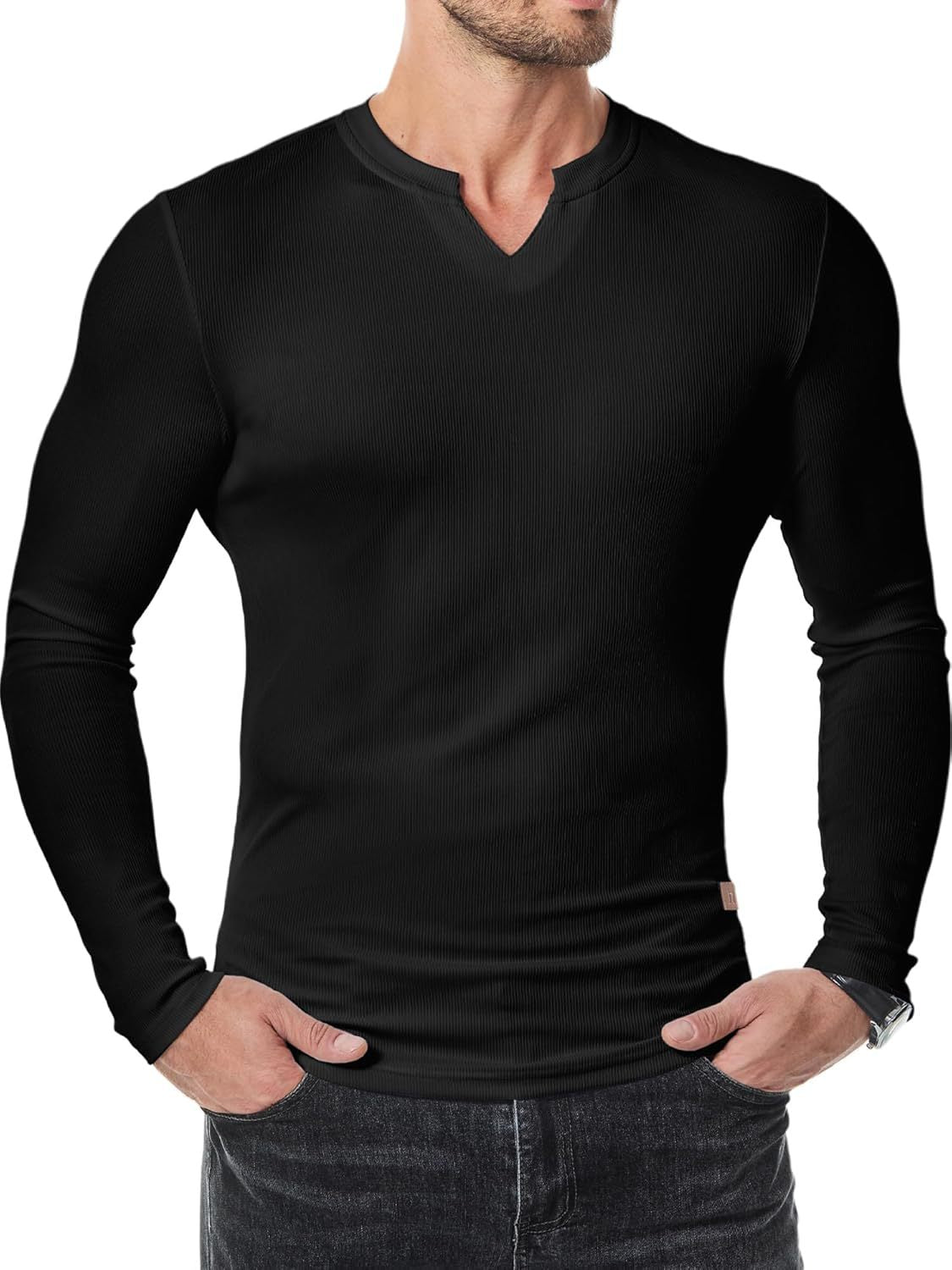 Men’s Henley Notch Neck Ribbed Long Sleeve Slim Fit T-Shirt