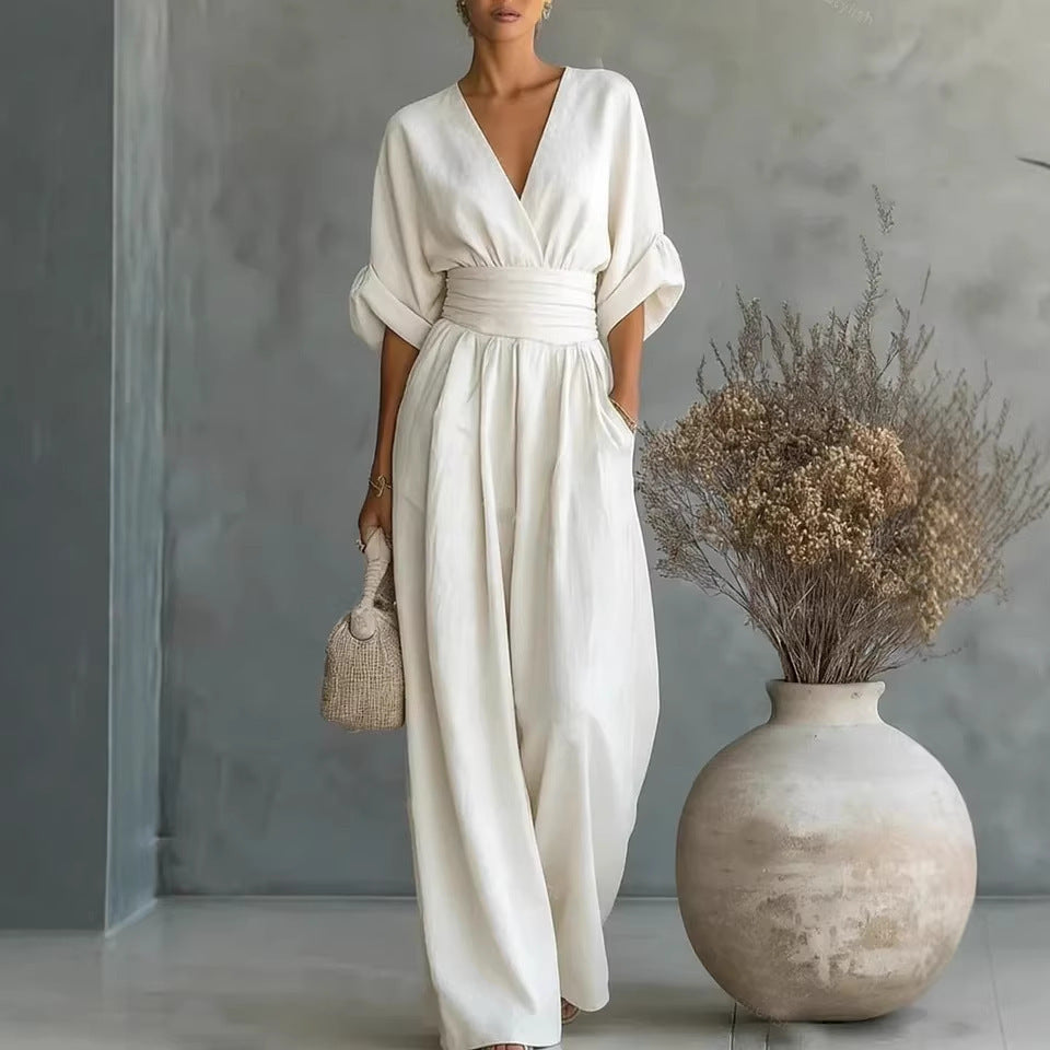 Women's V-Neck Wrap Waist Linen Jumpsuit - Cuffed Sleeve Wide-Leg Romper