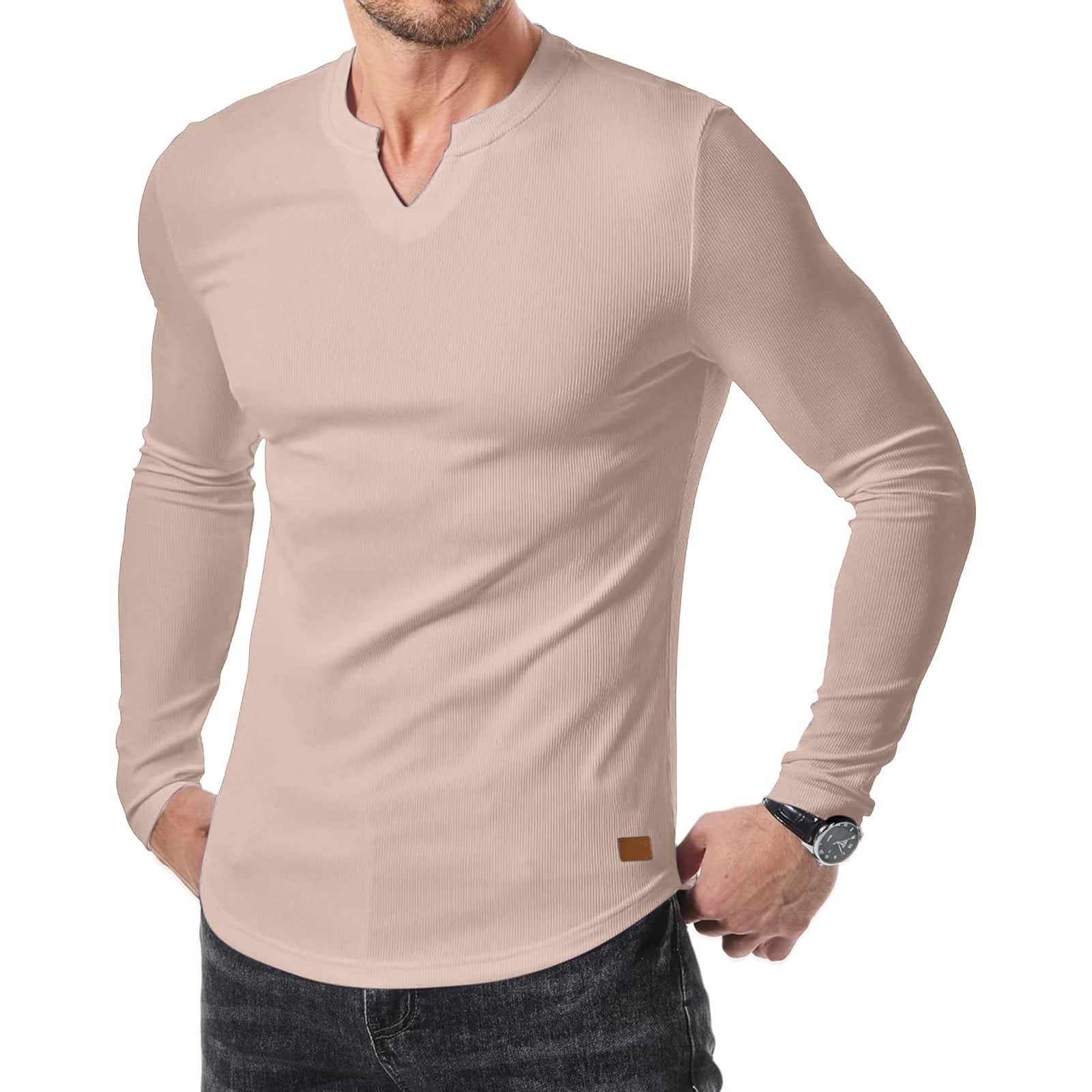 Men’s Henley Notch Neck Ribbed Long Sleeve Slim Fit T-Shirt
