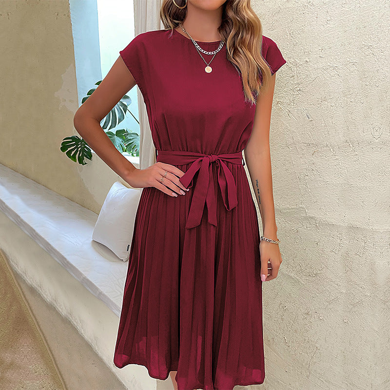 Women's Pleated Belted Midi Dress - Round Neck Cap Sleeve Casual Dress