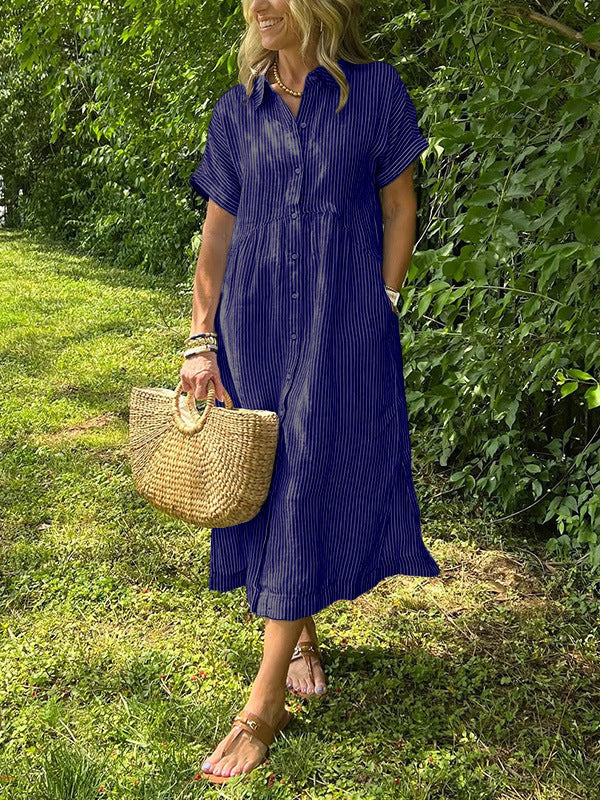 Women’s Collared Button Front Short Sleeve Pocket Loose Midi Shirt Dress