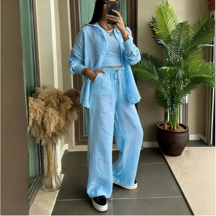 Plus Size Linen Shirt and Trousers Set
