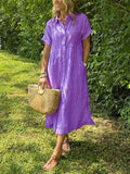 Women’s Collared Button Front Short Sleeve Pocket Loose Midi Shirt Dress