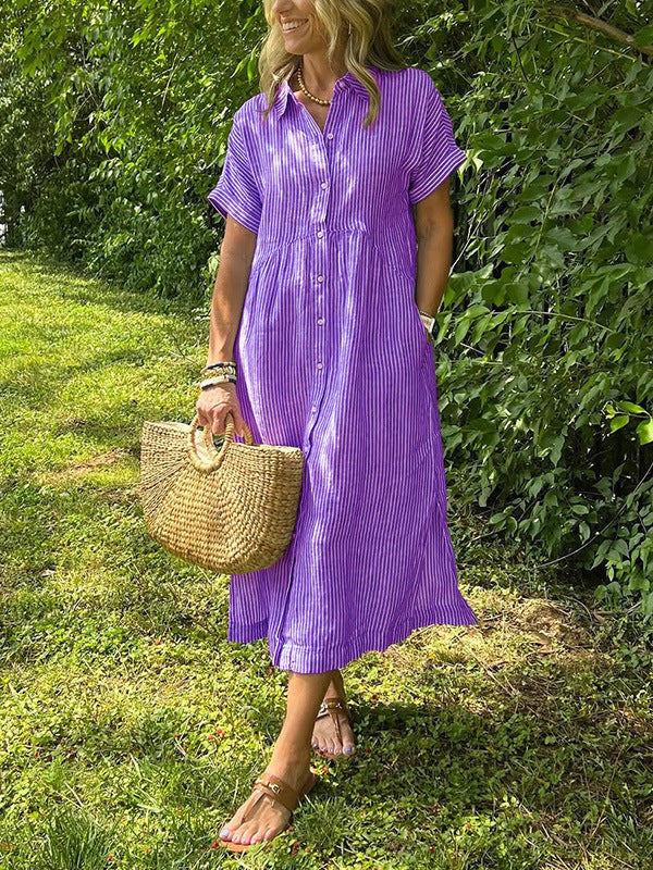 Women’s Collared Button Front Short Sleeve Pocket Loose Midi Shirt Dress