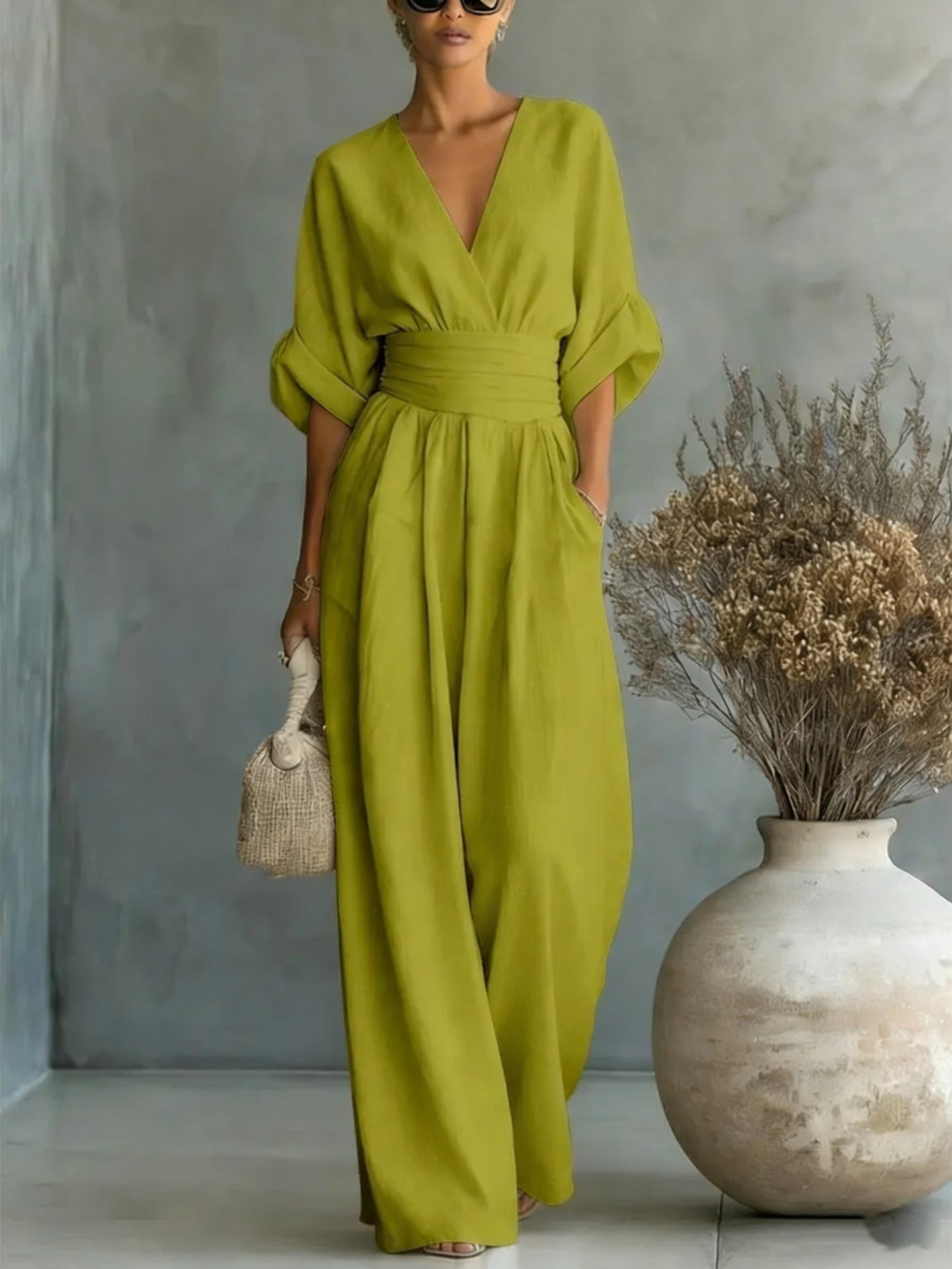 Women's V-Neck Wrap Waist Linen Jumpsuit - Cuffed Sleeve Wide-Leg Romper