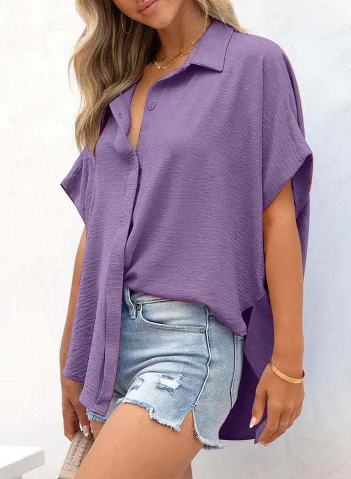 Women’s Oversized Batwing Sleeve Button-Down Shirt with High-Low Hem