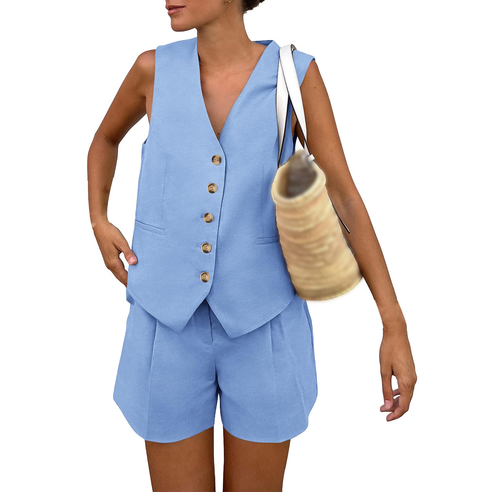 New V-neck single-breasted sleeveless vest and shorts set