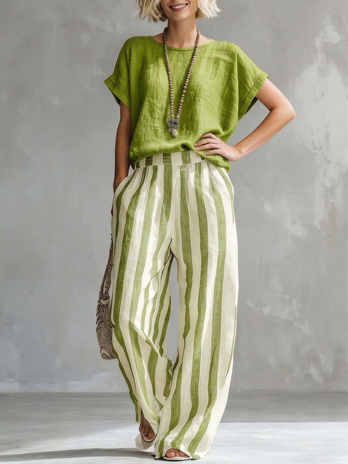 Women’s Solid Short Sleeve Top & Vertical Stripe Wide Leg Pants Casual 2-Piece Set