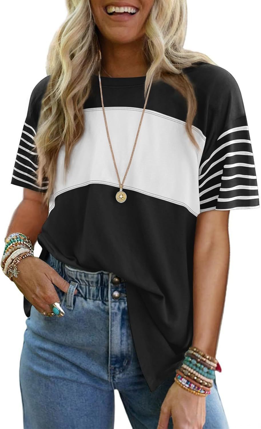 Crew neck patchwork casual striped color-blocked short-sleeved T-shirt