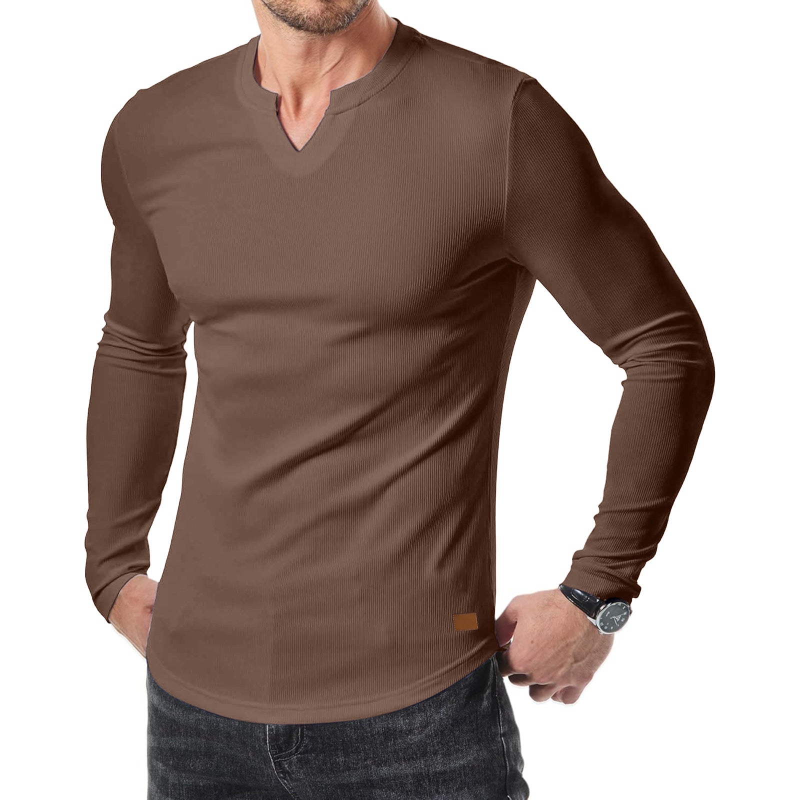 Men’s Henley Notch Neck Ribbed Long Sleeve Slim Fit T-Shirt