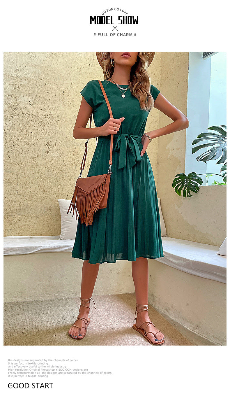 Women's Pleated Belted Midi Dress - Round Neck Cap Sleeve Casual Dress