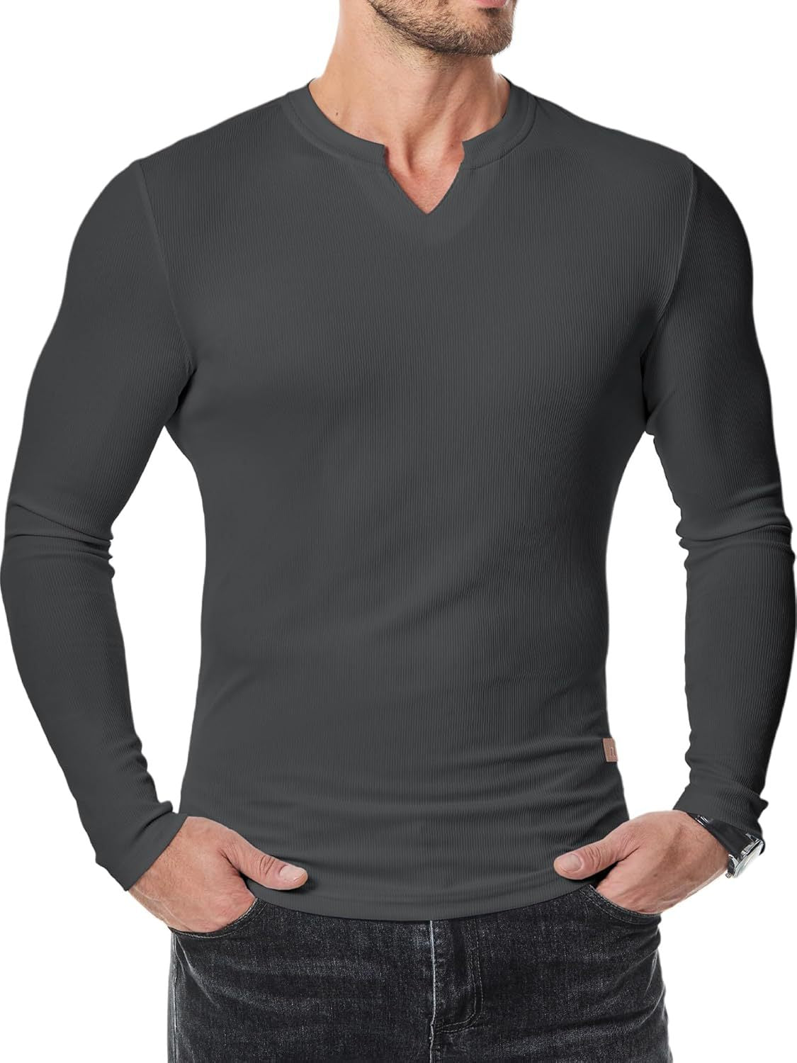 Men’s Henley Notch Neck Ribbed Long Sleeve Slim Fit T-Shirt