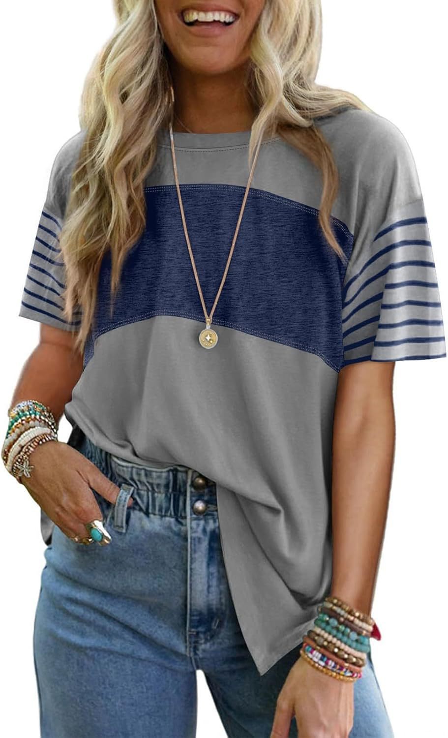Crew neck patchwork casual striped color-blocked short-sleeved T-shirt