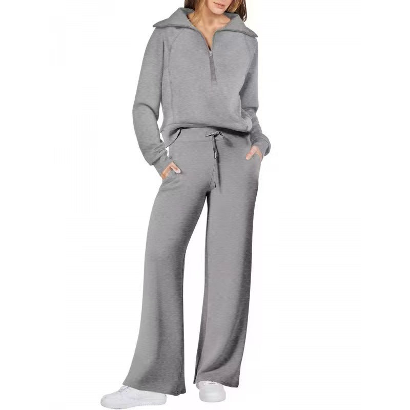 Women’s Half-Zip Long Sleeve Top & Wide Leg Pants Loungewear 2-Piece Set