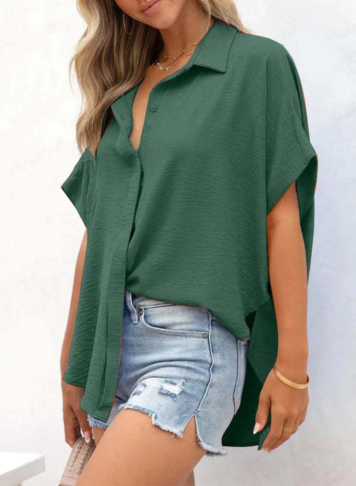 Women’s Oversized Batwing Sleeve Button-Down Shirt with High-Low Hem