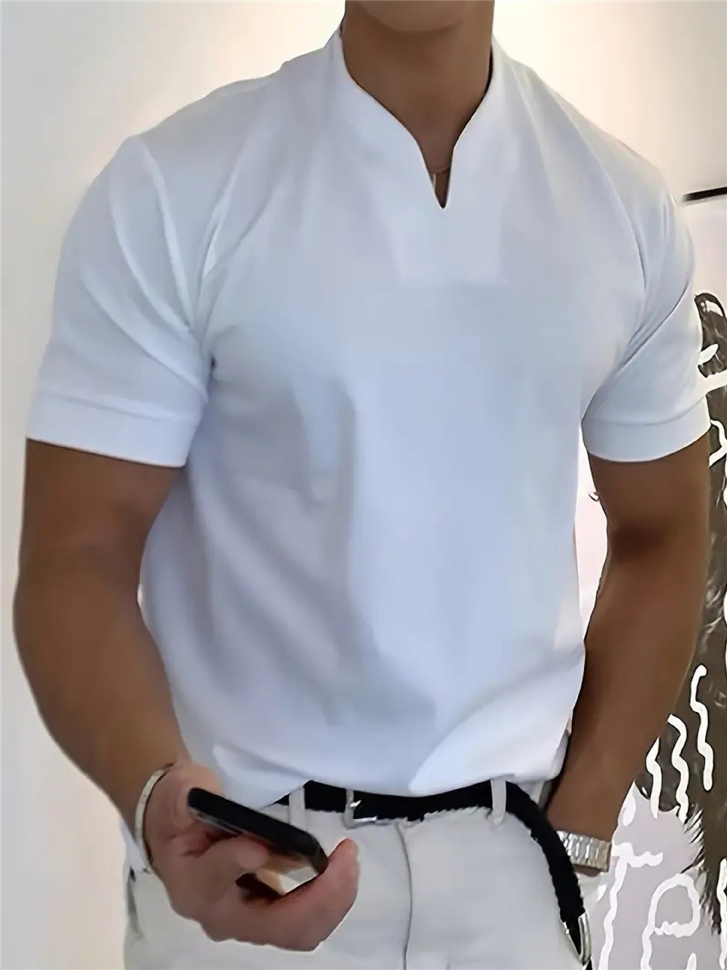 Men’s Notch Collar V-Neck Short Sleeve Slim-Fit Casual Shirt