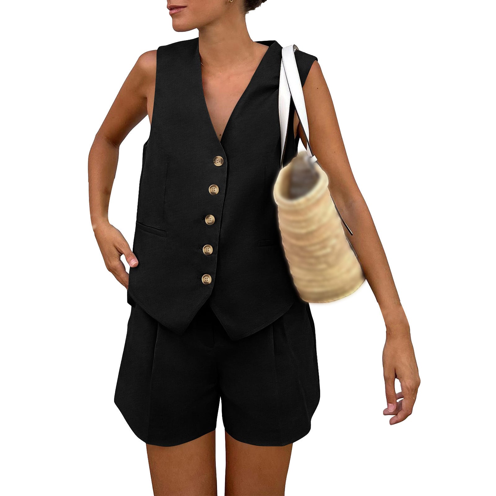 New V-neck single-breasted sleeveless vest and shorts set