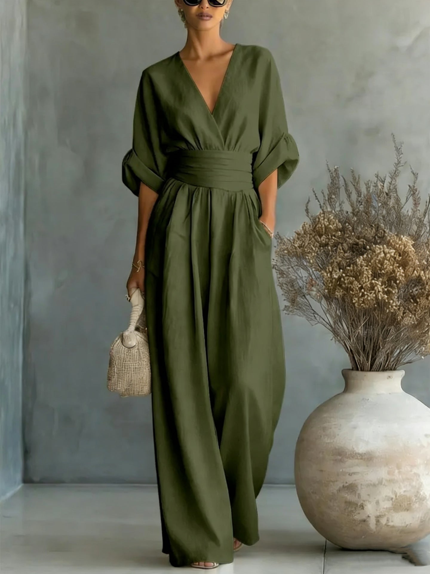 Women's V-Neck Wrap Waist Linen Jumpsuit - Cuffed Sleeve Wide-Leg Romper