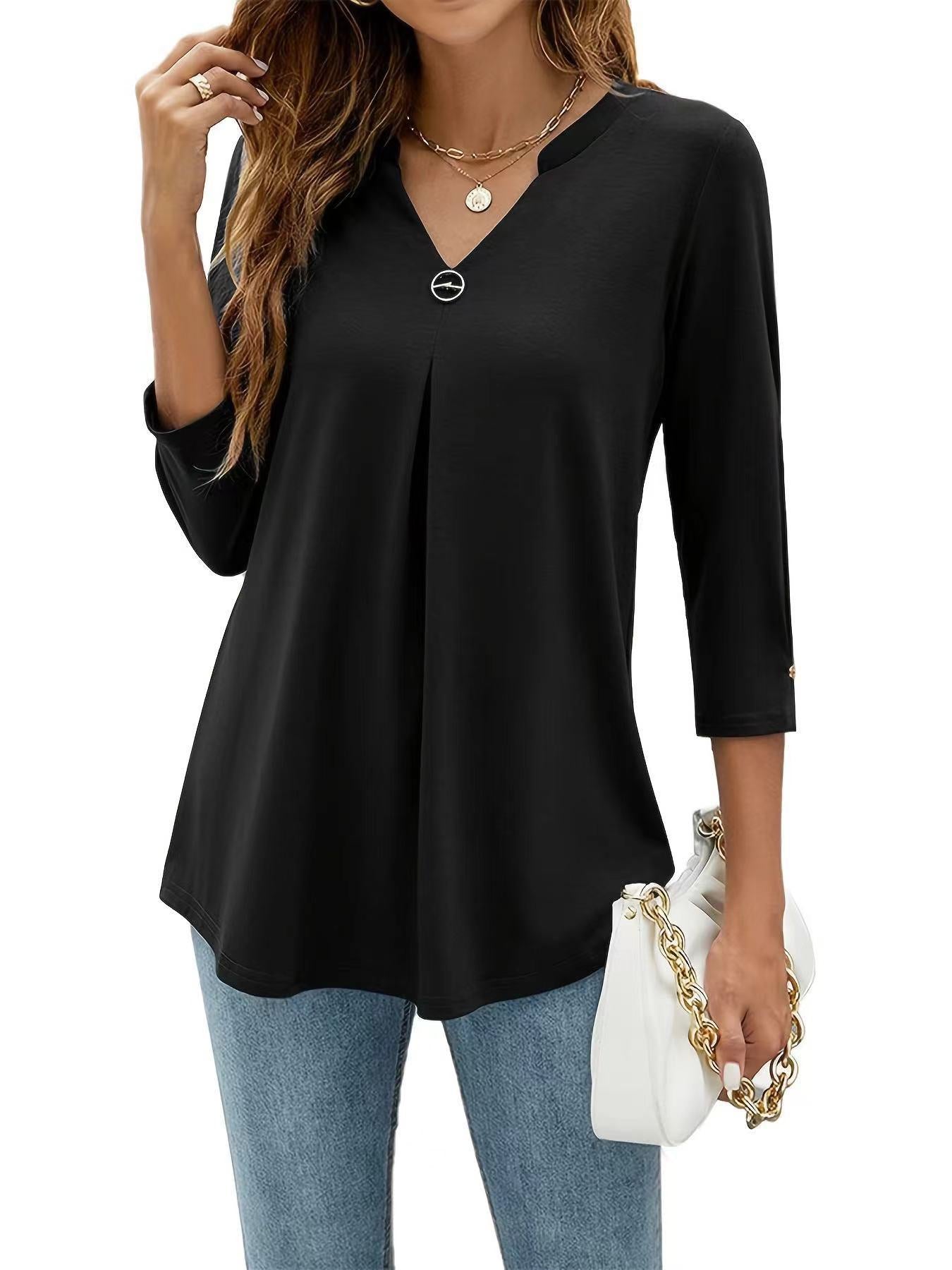 Popular Three-Quarter Sleeve Solid Color V-Neck Button-Up T-Shirt