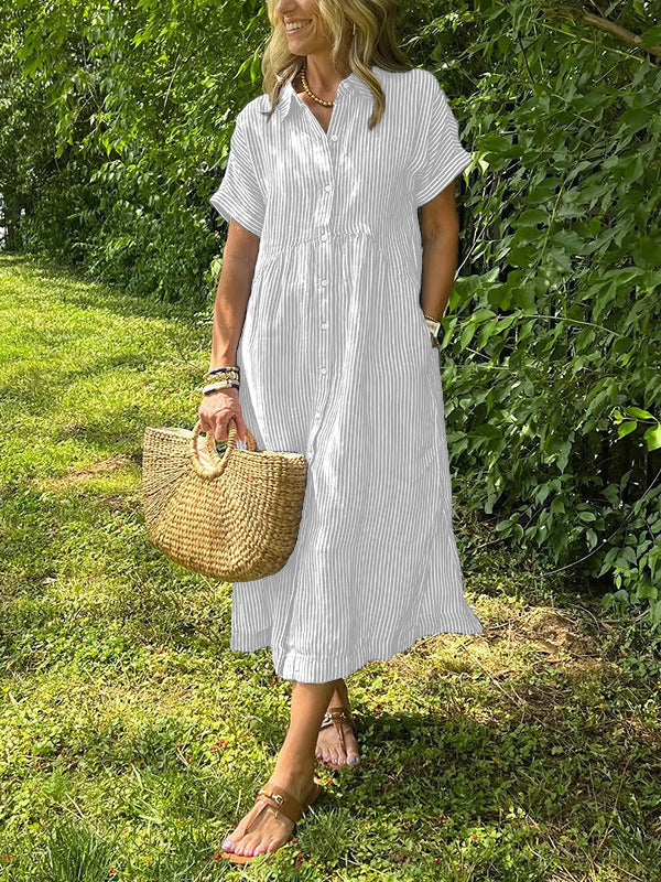 Women’s Collared Button Front Short Sleeve Pocket Loose Midi Shirt Dress