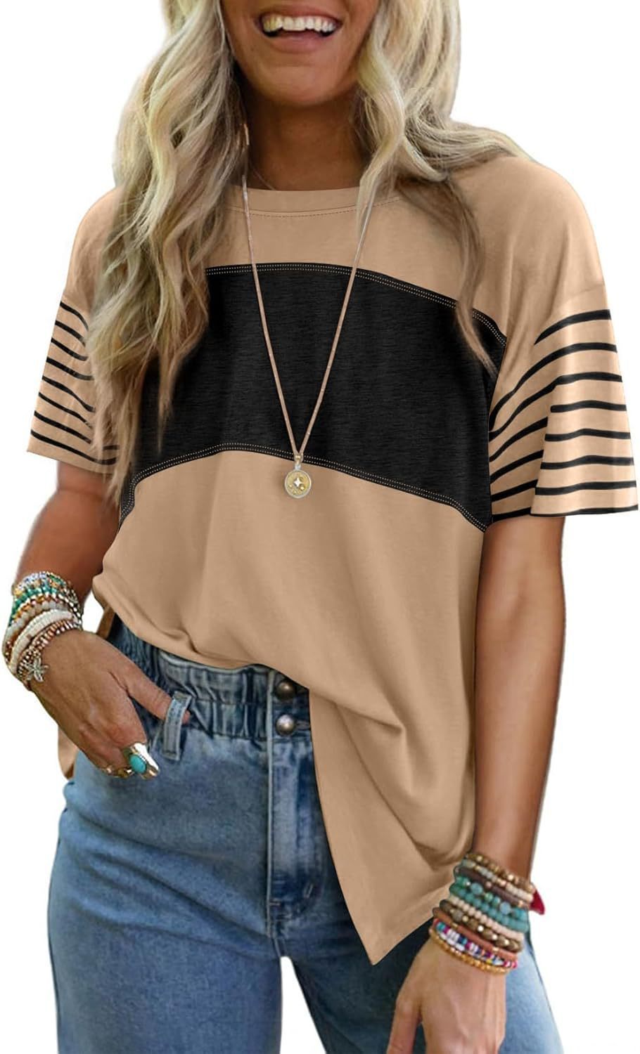 Crew neck patchwork casual striped color-blocked short-sleeved T-shirt