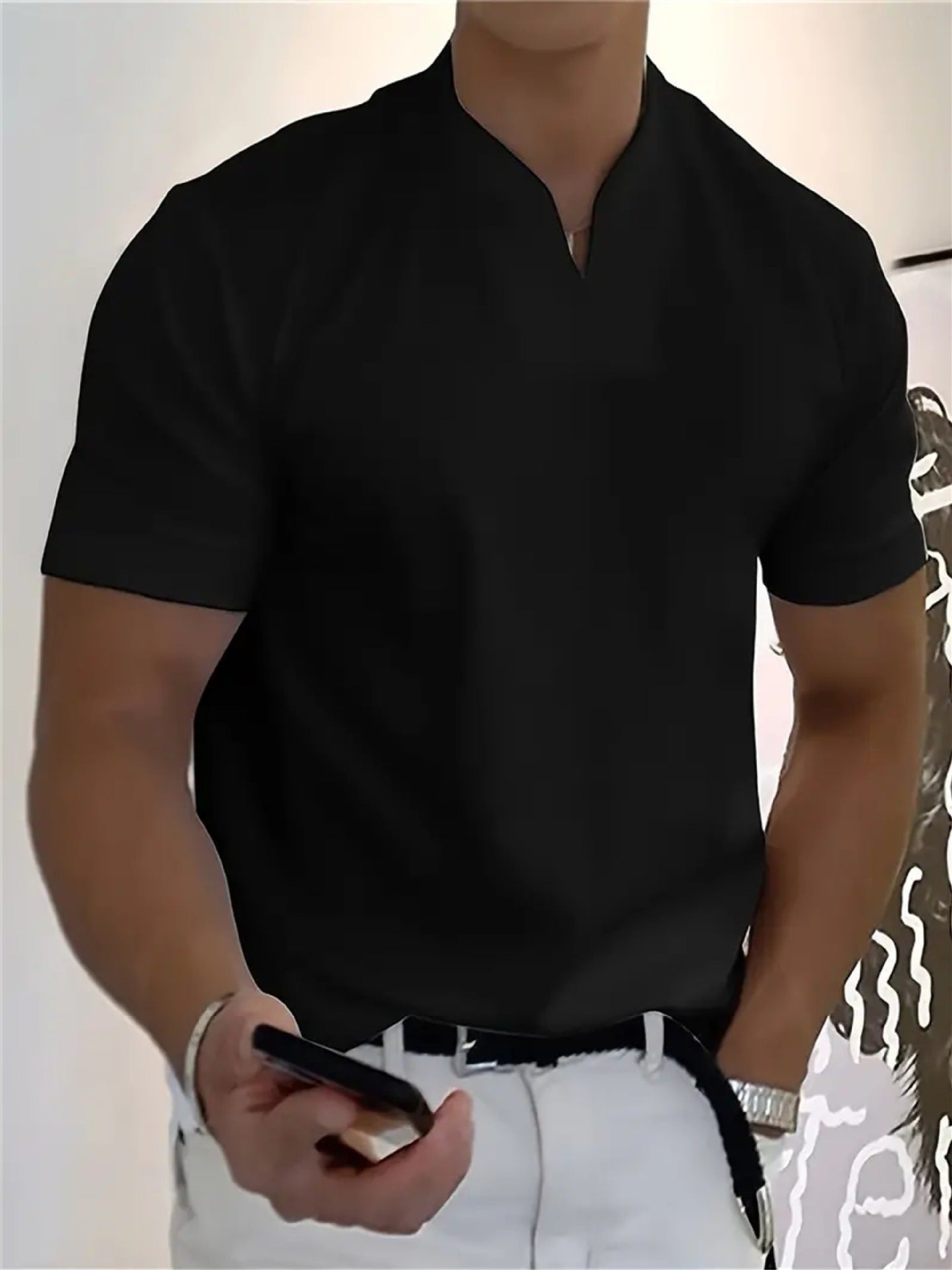 Men’s Notch Collar V-Neck Short Sleeve Slim-Fit Casual Shirt